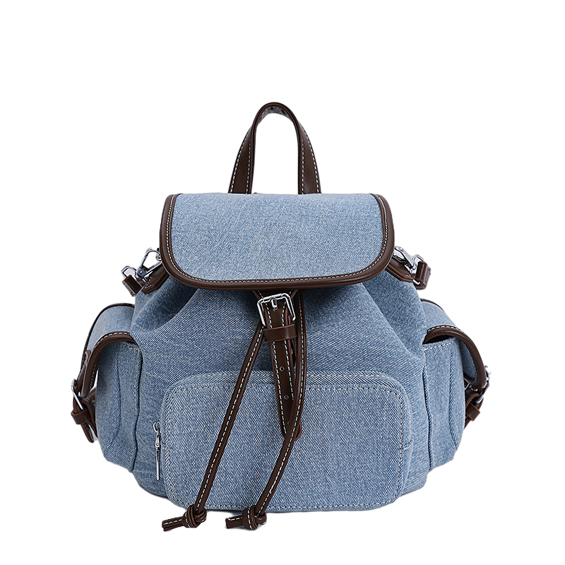 Denim-Look Flap Drawstring Backpack