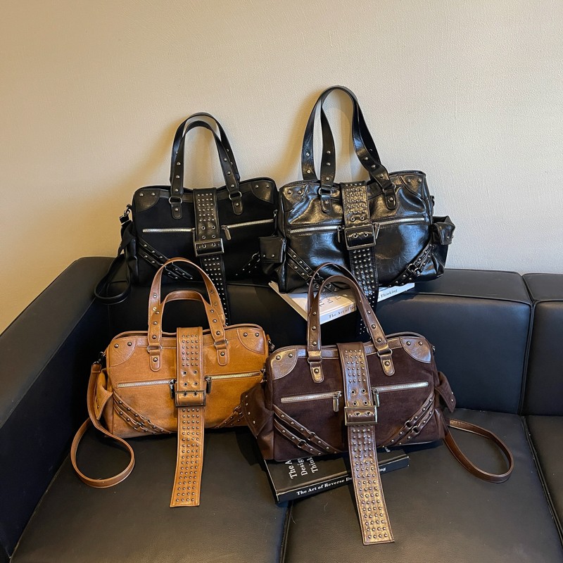 Women's Studded Biker Handbag with Detachable Strap