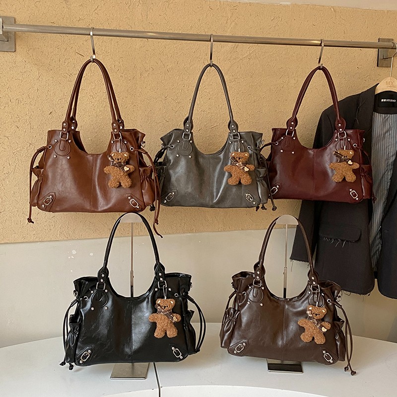 Vintage Studded PU Tote Bag with Teddy Bear Charm