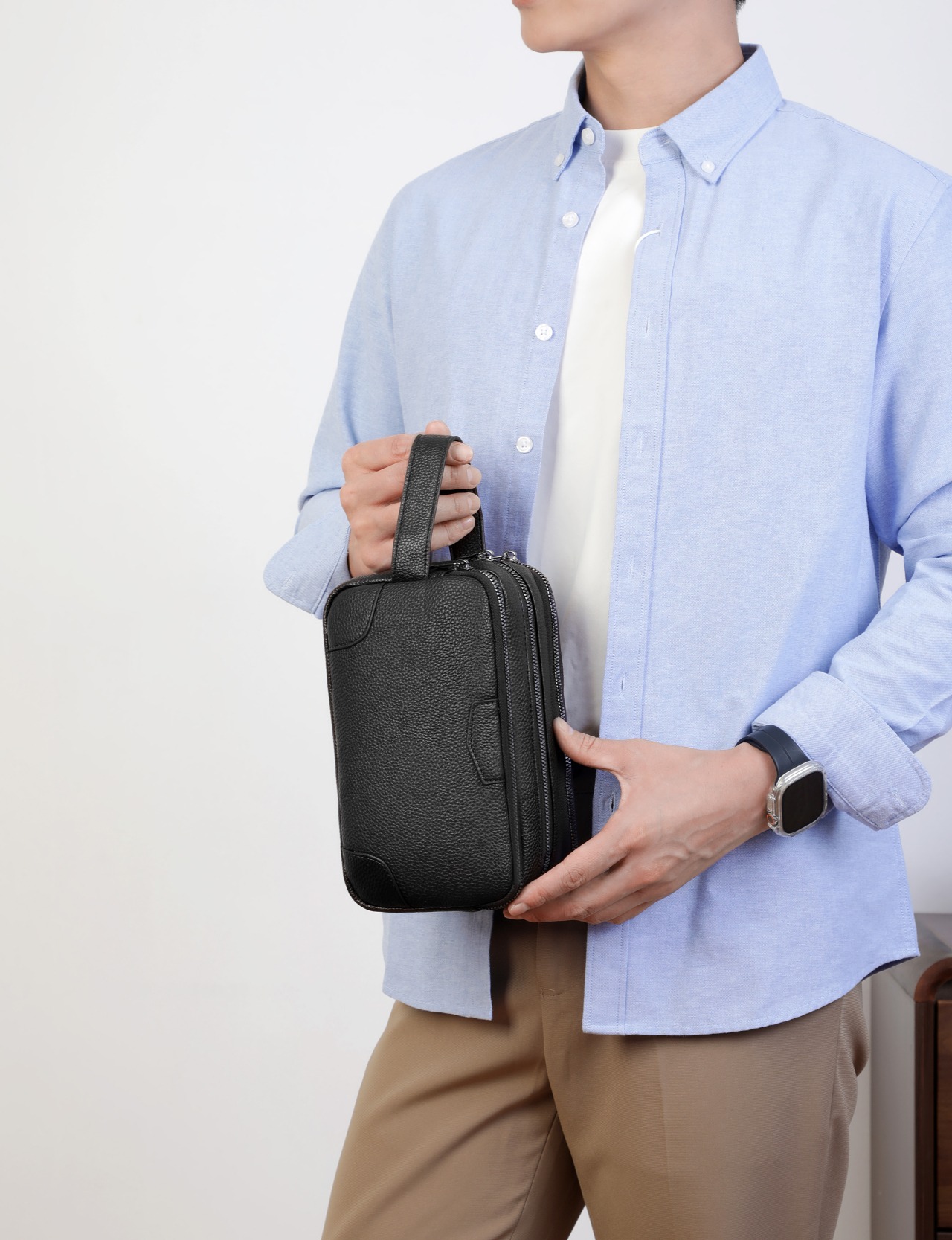 Men's Triple-Layer Clutch Bag with D-Ring Front Pocket