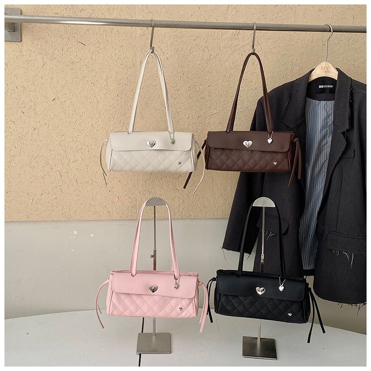 Quilted Heart-Clasp Long-Handle Baguette Shoulder Bag