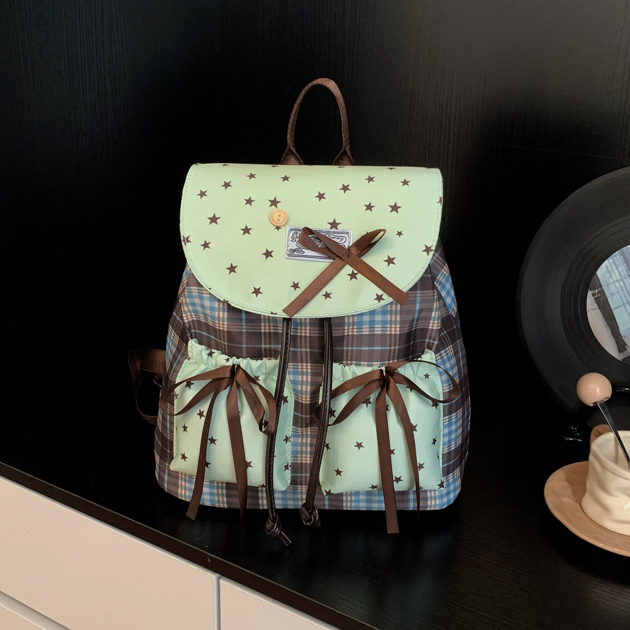 Star Print Plaid Flap Backpack with Ribbon Bows