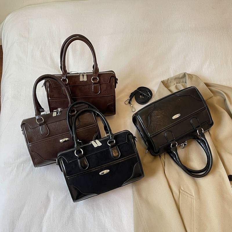Women's Vintage Boston Handbag with Detachable Shoulder Strap
