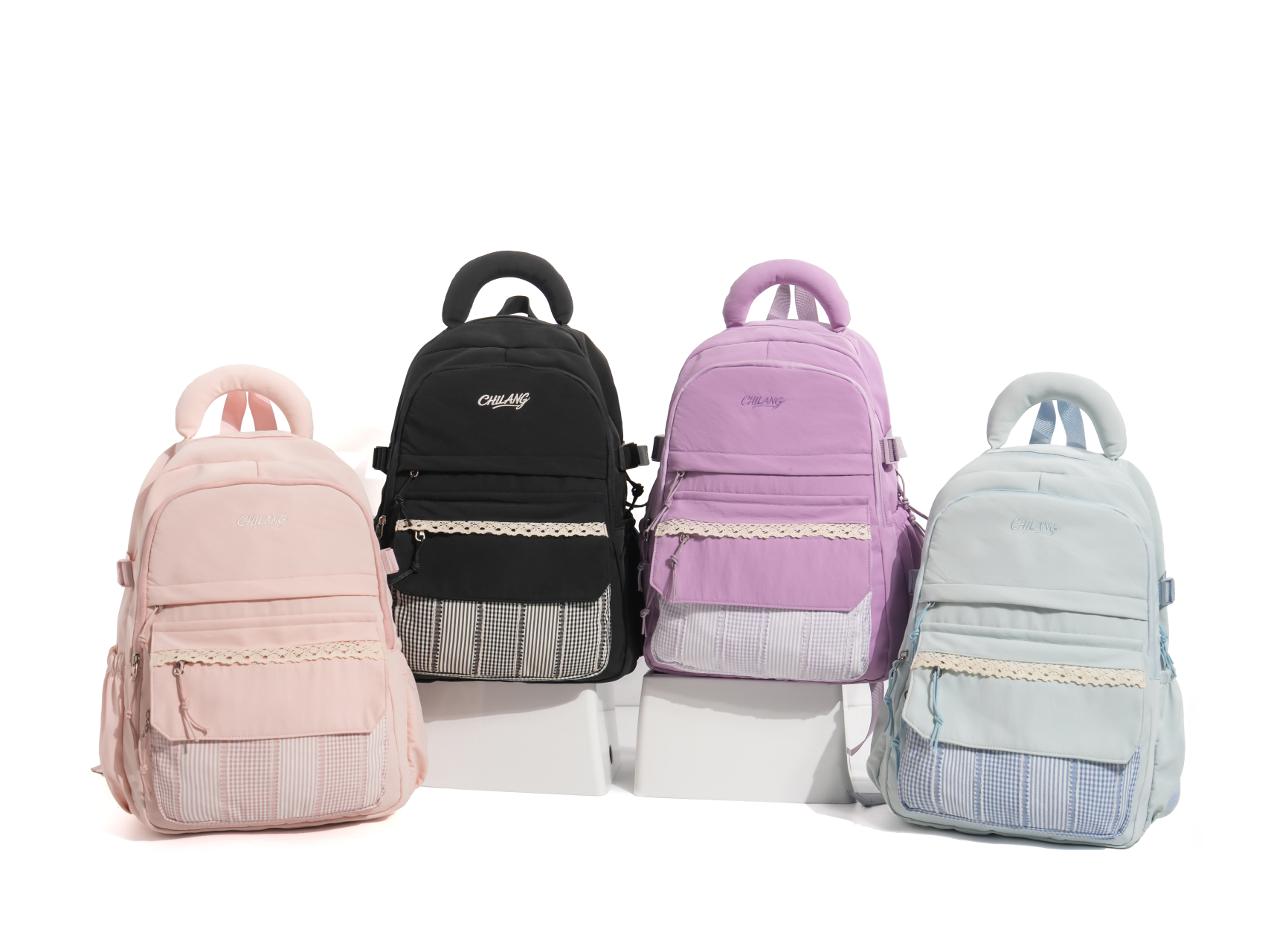 Lace-Trim Plaid Panel Lightweight Backpack