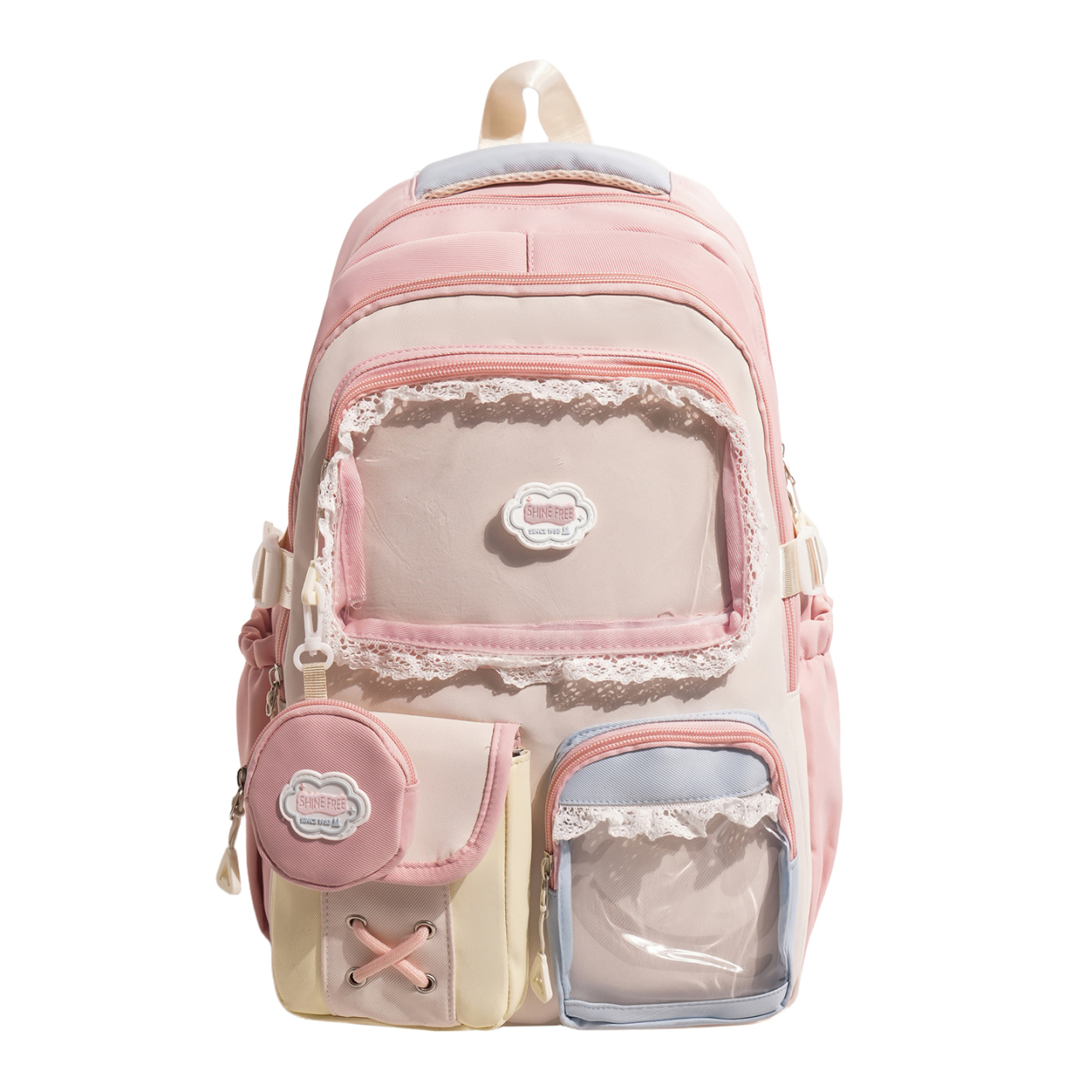 Color-Block Lace-Trim Clear Window Student Backpack with Coin Pouch