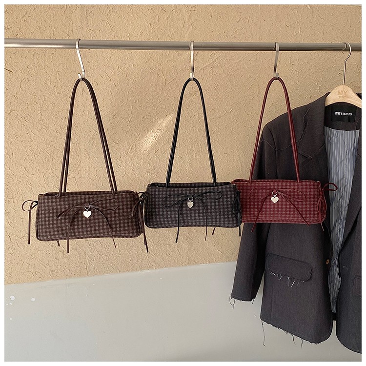 Women's Vintage Plaid Bow Shoulder Bag with Heart Charm