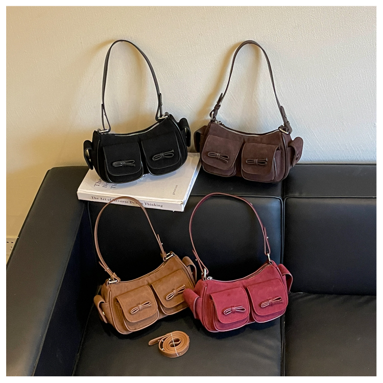 Women's Suede-Effect Double Pocket Bow Shoulder Bag